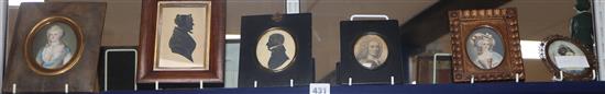 Two Victorian cut paper and gilt silhouettes and four assorted miniatures